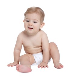 Photo of Cute little baby sitting on white background