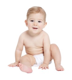 Photo of Cute little baby sitting on white background