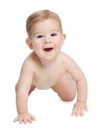 Photo of Cute little baby crawling on white background