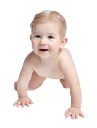 Photo of Cute little baby crawling on white background