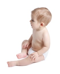 Photo of Cute little baby sitting on white background