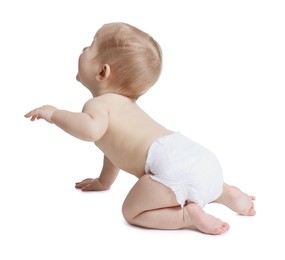 Photo of Cute little baby crawling on white background