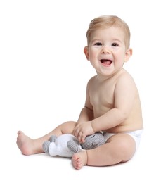 Photo of Happy little baby with toy on white background