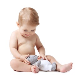 Photo of Happy little baby with toy on white background