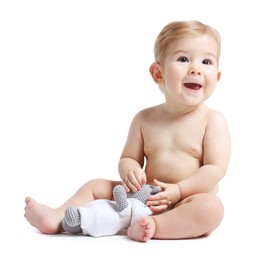 Photo of Happy little baby with toy on white background