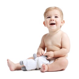 Photo of Happy little baby with toy on white background