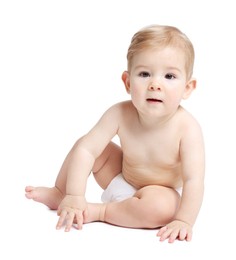 Photo of Cute little baby sitting on white background