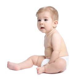 Photo of Cute little baby sitting on white background