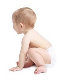 Photo of Cute little baby sitting on white background