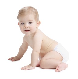 Photo of Cute little baby sitting on white background