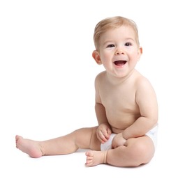 Photo of Happy little baby sitting on white background