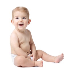 Photo of Happy little baby sitting on white background