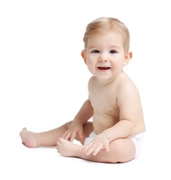 Photo of Happy little baby sitting on white background