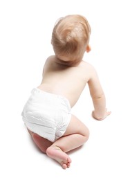 Photo of Cute little baby on white background, back view