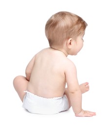 Photo of Cute little baby on white background, back view