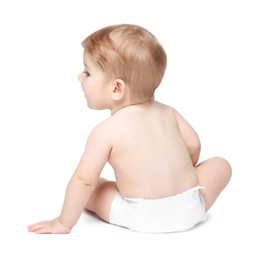 Photo of Cute little baby on white background, back view