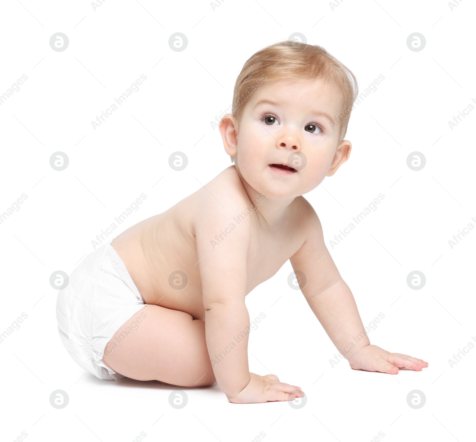 Photo of Cute little baby sitting on white background