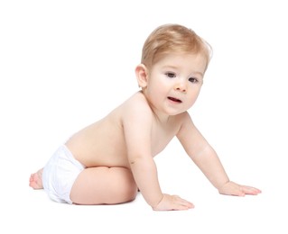 Photo of Cute little baby sitting on white background