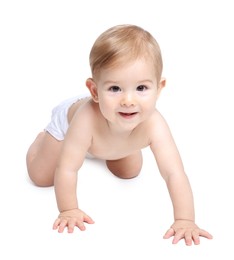 Photo of Happy little baby crawling on white background