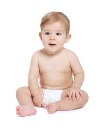 Photo of Cute little baby sitting on white background