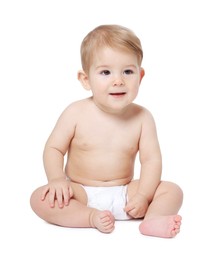 Photo of Cute little baby sitting on white background