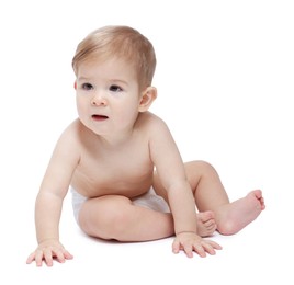 Photo of Cute little baby sitting on white background