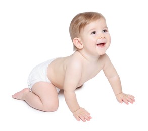 Photo of Happy little baby crawling on white background