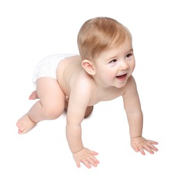 Photo of Happy little baby crawling on white background