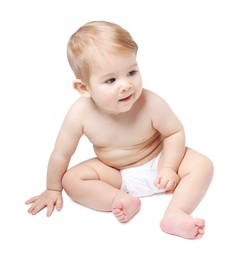 Photo of Cute little baby sitting on white background