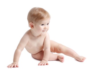 Photo of Cute little baby in diaper on white background