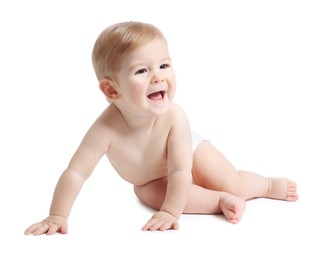 Photo of Happy little baby in diaper on white background