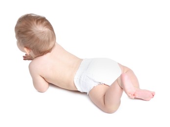 Photo of Little baby in diaper lying on white background