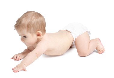 Photo of Cute little baby crawling on white background