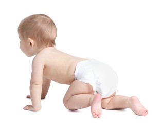 Photo of Cute little baby crawling on white background