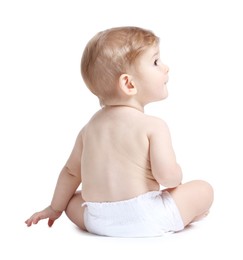 Photo of Cute little baby sitting on white background, back view