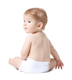 Photo of Cute little baby sitting on white background, back view