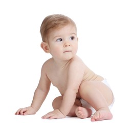 Photo of Cute little baby sitting on white background