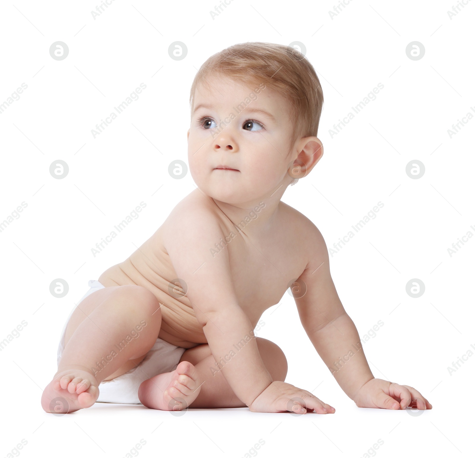 Photo of Cute little baby sitting on white background