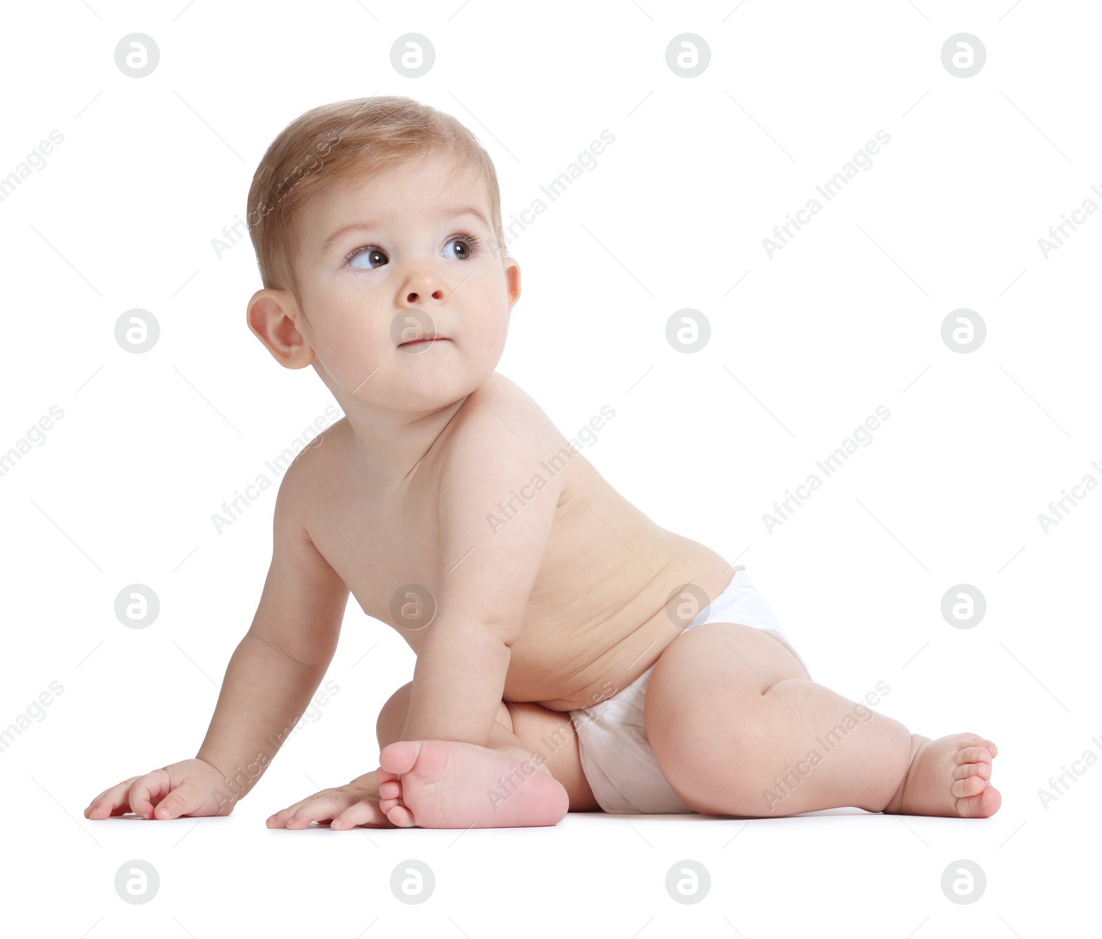 Photo of Cute little baby sitting on white background