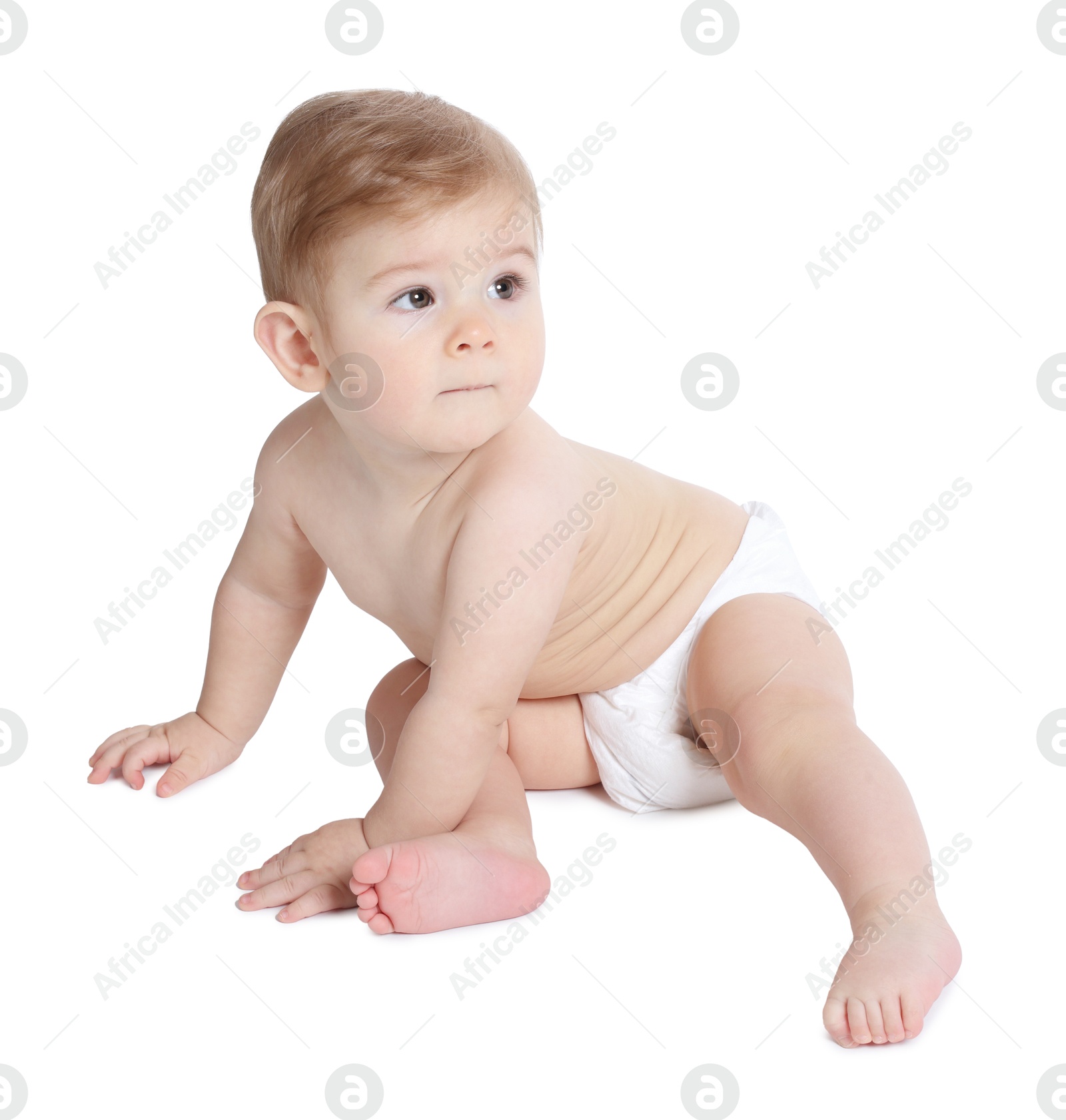 Photo of Cute little baby sitting on white background