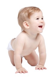 Happy little baby crawling on white background