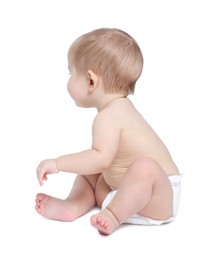 Photo of Adorable little baby sitting on white background