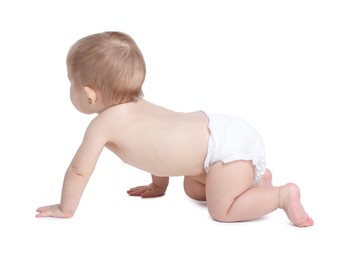 Photo of Adorable little baby crawling on white background