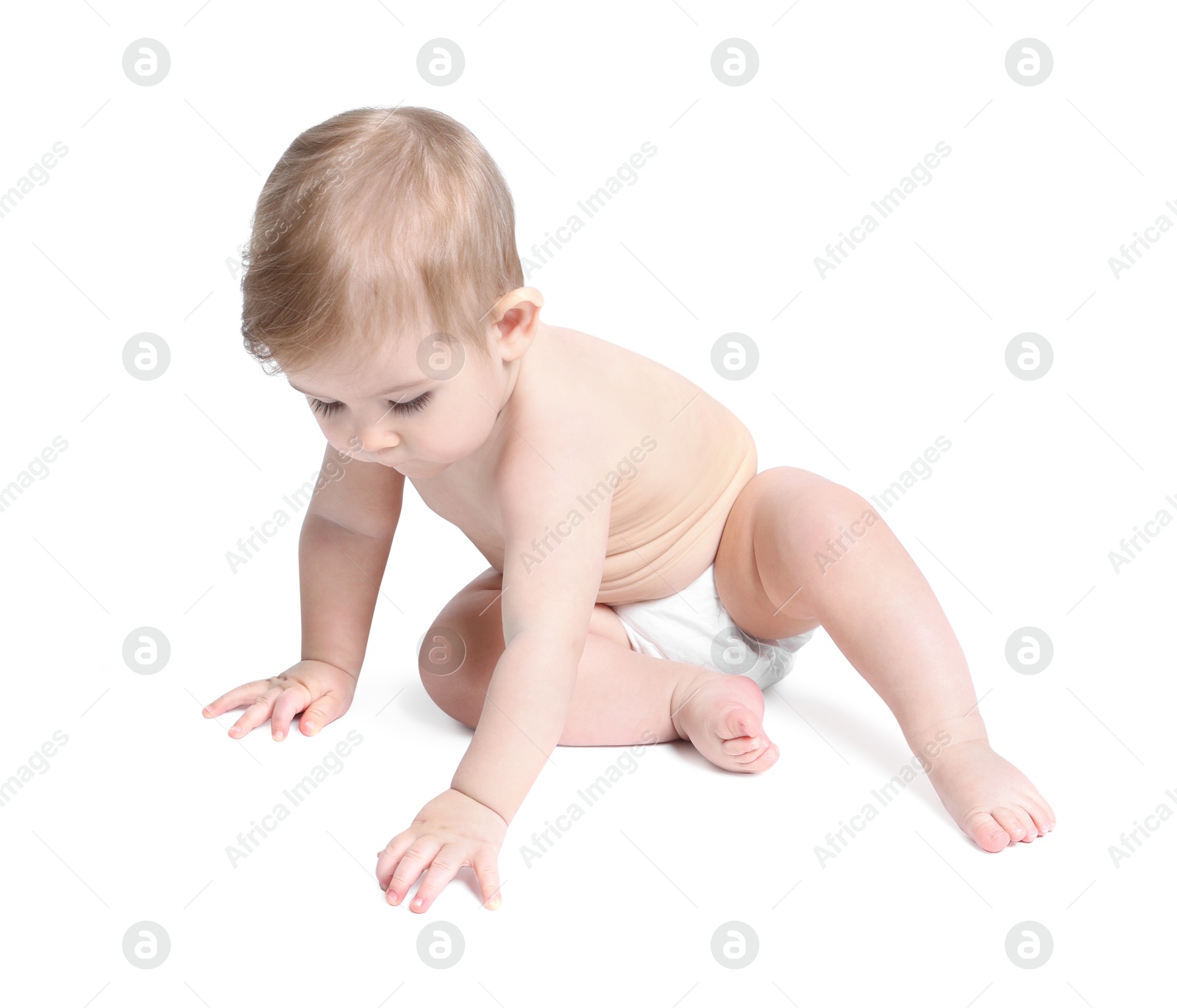 Photo of Cute little baby sitting on white background