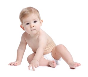 Photo of Cute little baby sitting on white background