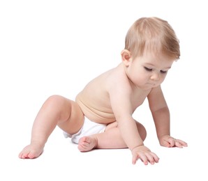 Photo of Cute little baby sitting on white background