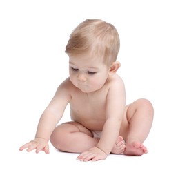 Photo of Cute little baby sitting on white background