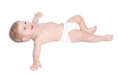 Photo of Happy baby in diaper lying on white background