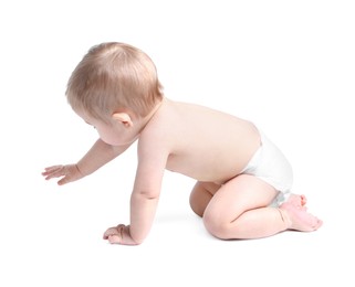 Photo of Adorable little baby crawling on white background