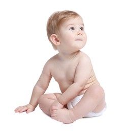 Photo of Cute little baby sitting on white background